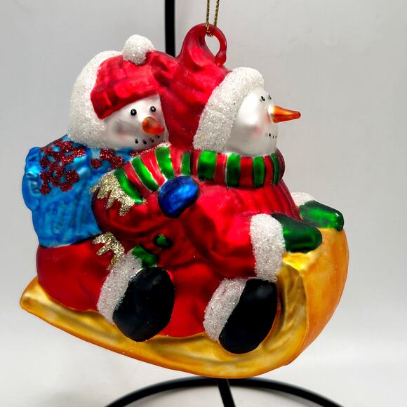 European Old World Hand Blown Glass Snowmen on Sledge Christmas Ornament EUC - Picture 2 of 4